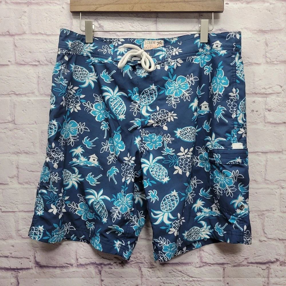 J Crew Flex Swimwear Swim‎ Trunks Board Shorts Mens XL Blue Tropical Pineapples